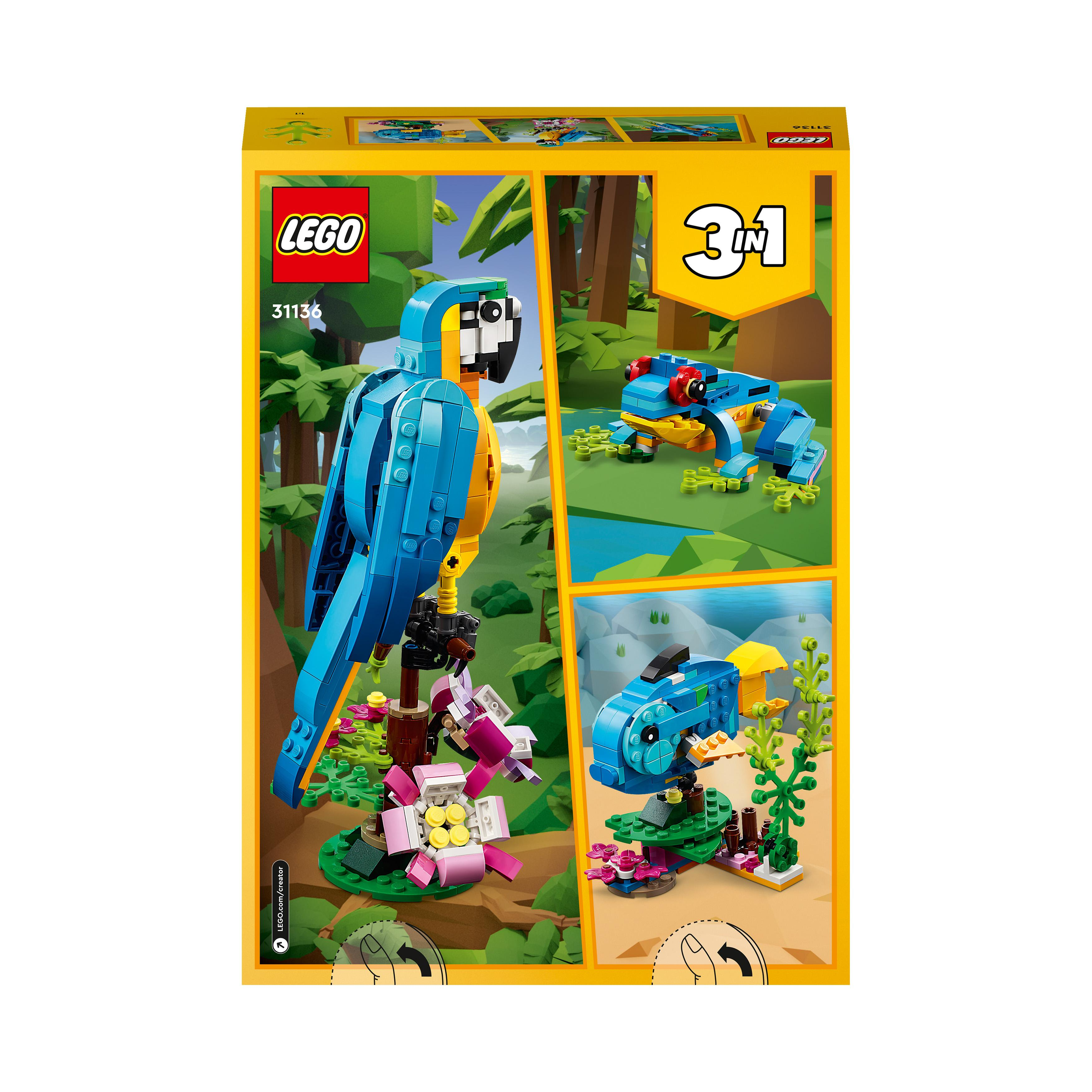 LEGO-Box mit 3-in-1-Bauten: Papagei, Frosch und Fisch, mit grünem Hintergrund.
