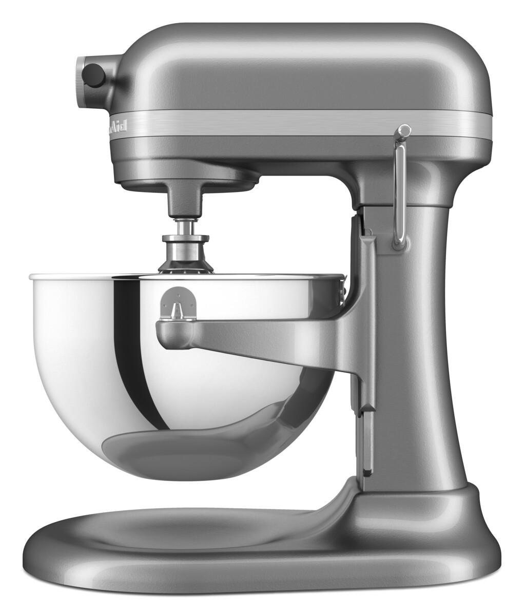 Silberner KitchenAid Küchenmixer mit Schüssel, nach rechts gerichtet.