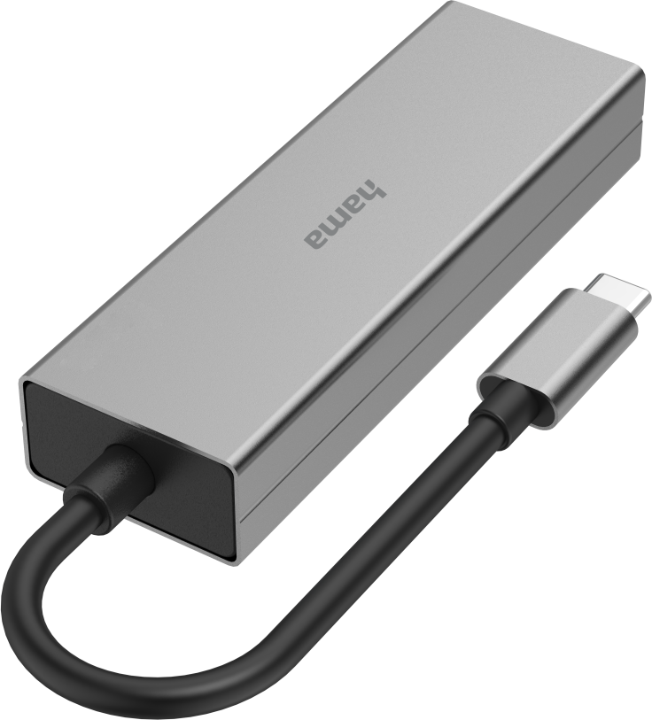 Adaptateur Hama argenté avec un câble USB-C connecté.