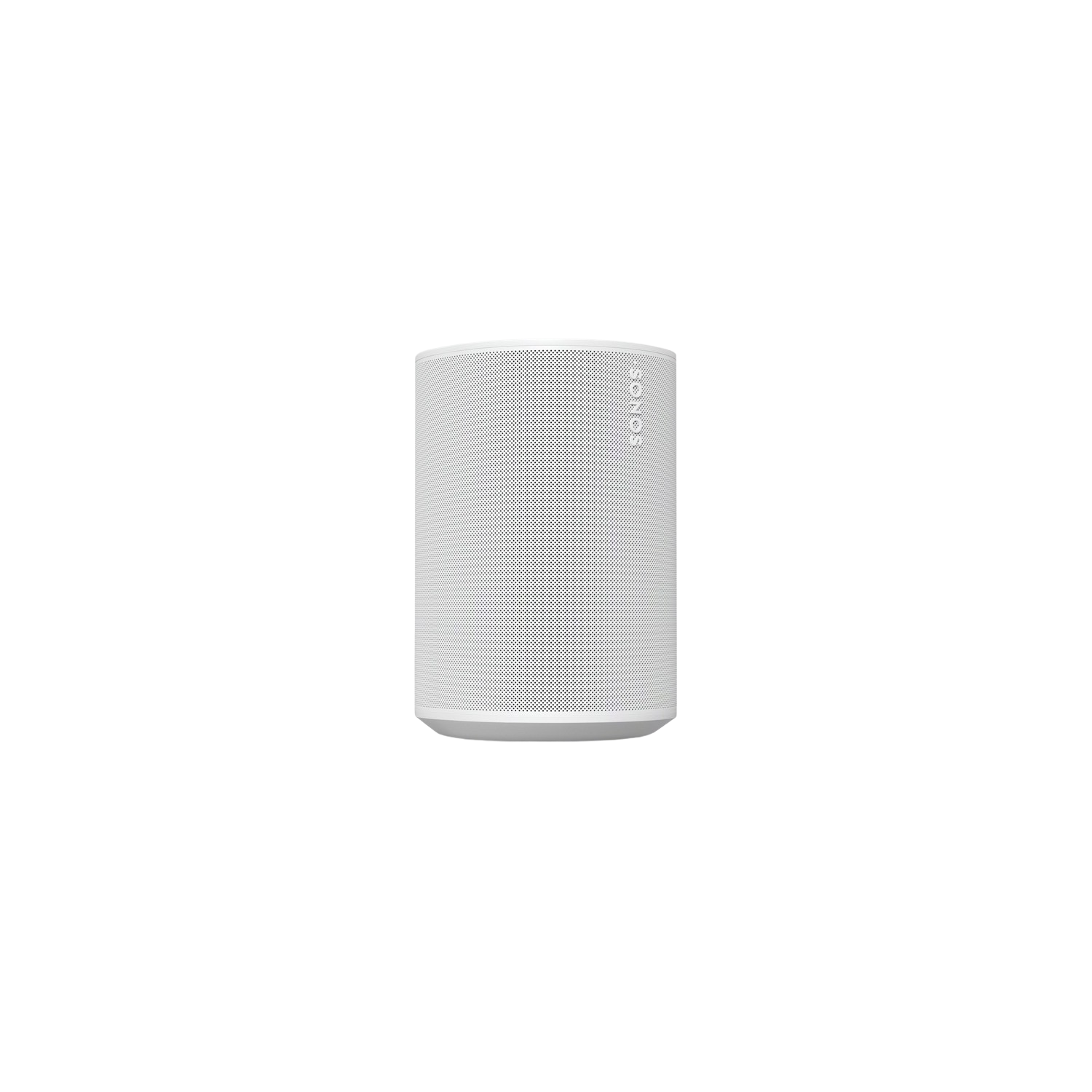 A cylindrical white speaker with a white mesh. The word 'SONOS' is on the side. Black background.