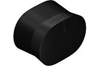 Zwarte Sonos-luidspreker, ovale vorm. De bovenkant heeft een subtiele bedieningsinterface.