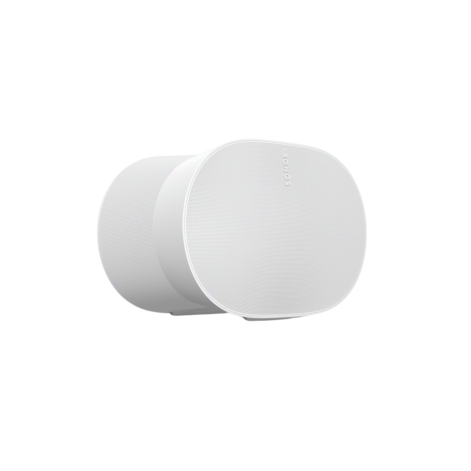 Twee witte Sonos-luidsprekers op een zwarte achtergrond. De luidsprekers zijn ovaal van vorm.