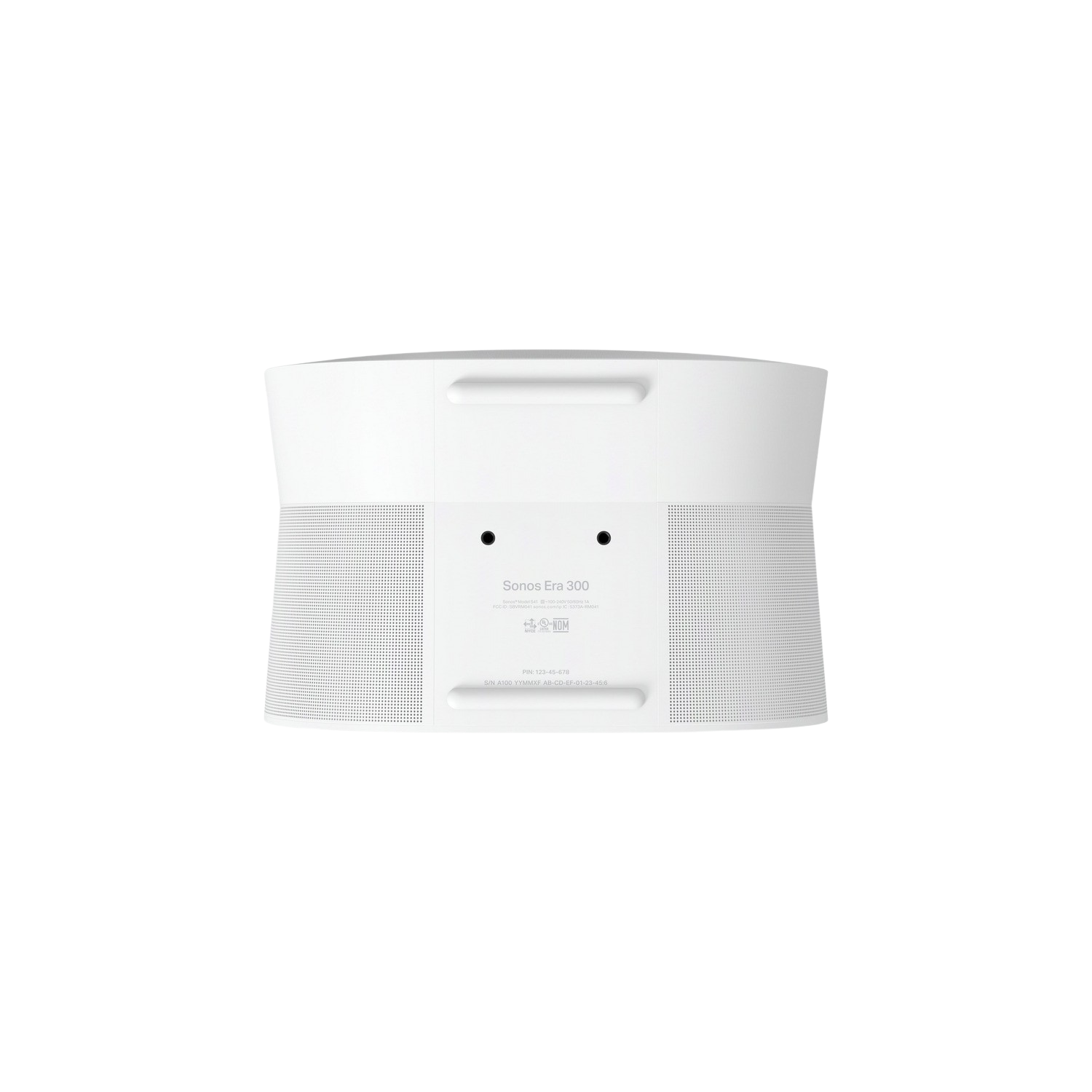 Een witte Sonos Era 300 luidspreker. Het heeft een afgeronde vorm met openingen en de merknaam op de achterkant.