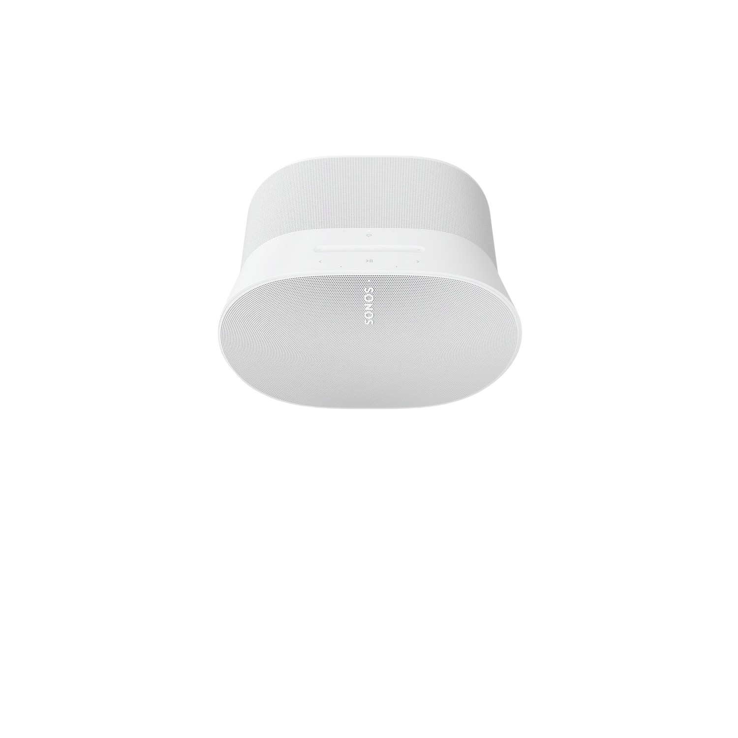 Witte Sonos plafondluidspreker op een zwarte achtergrond.
