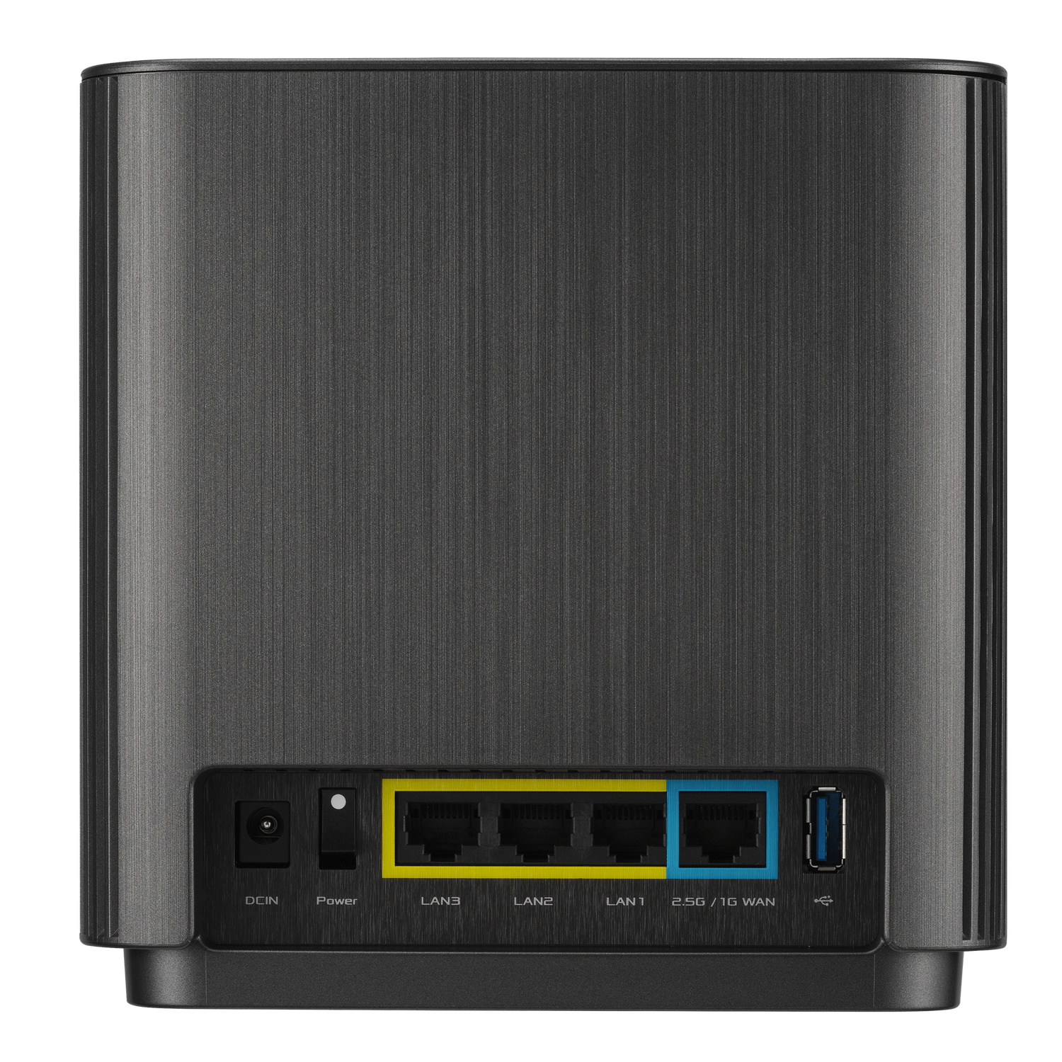 Router with multiple ports in a dark, textured housing.
