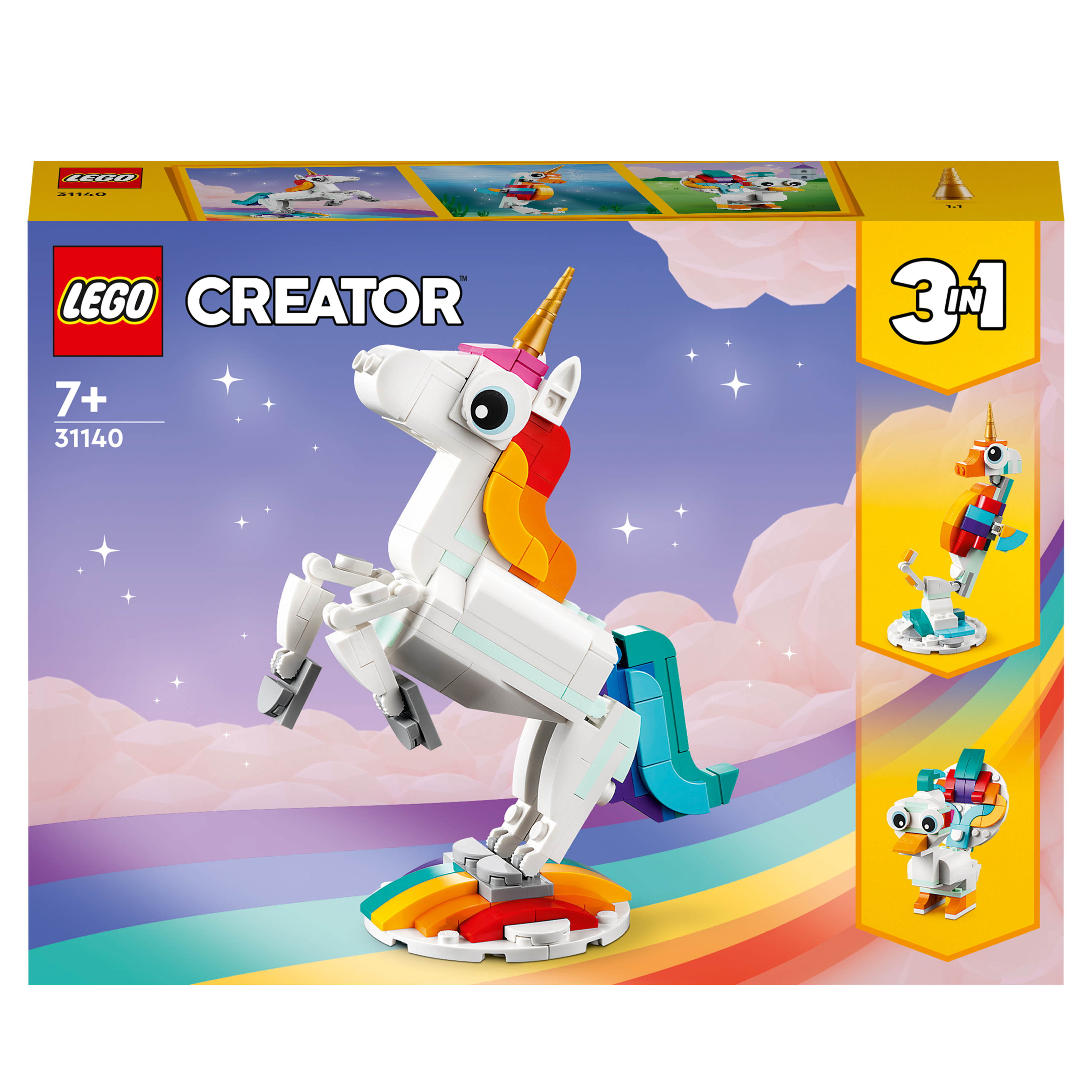 Lego Creator Set Box. Ein weißes Einhorn mit Regenbogenbasis und zwei kleinere Bau-Beispiele.