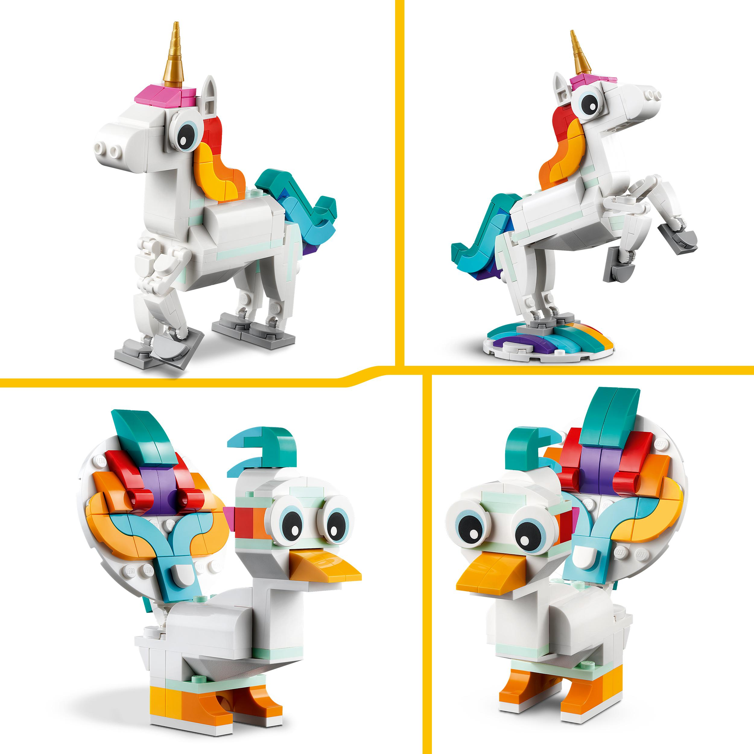 Vier LEGO-Modelle eines Einhorns und einer Ente in separaten Ansichten.