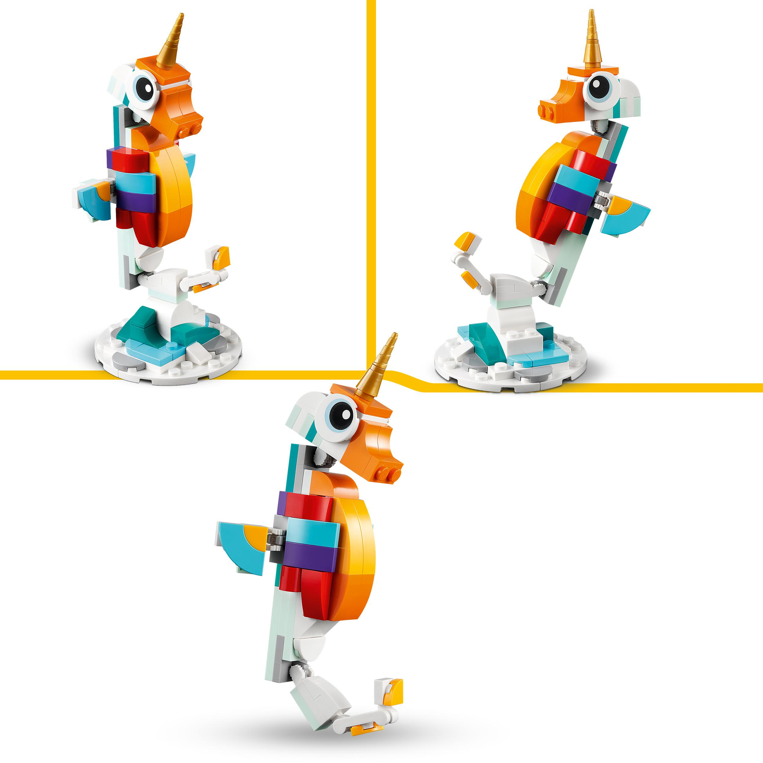 Drei Lego-Seepferdchen-Modelle in verschiedenen Posen, gelbe Linien.