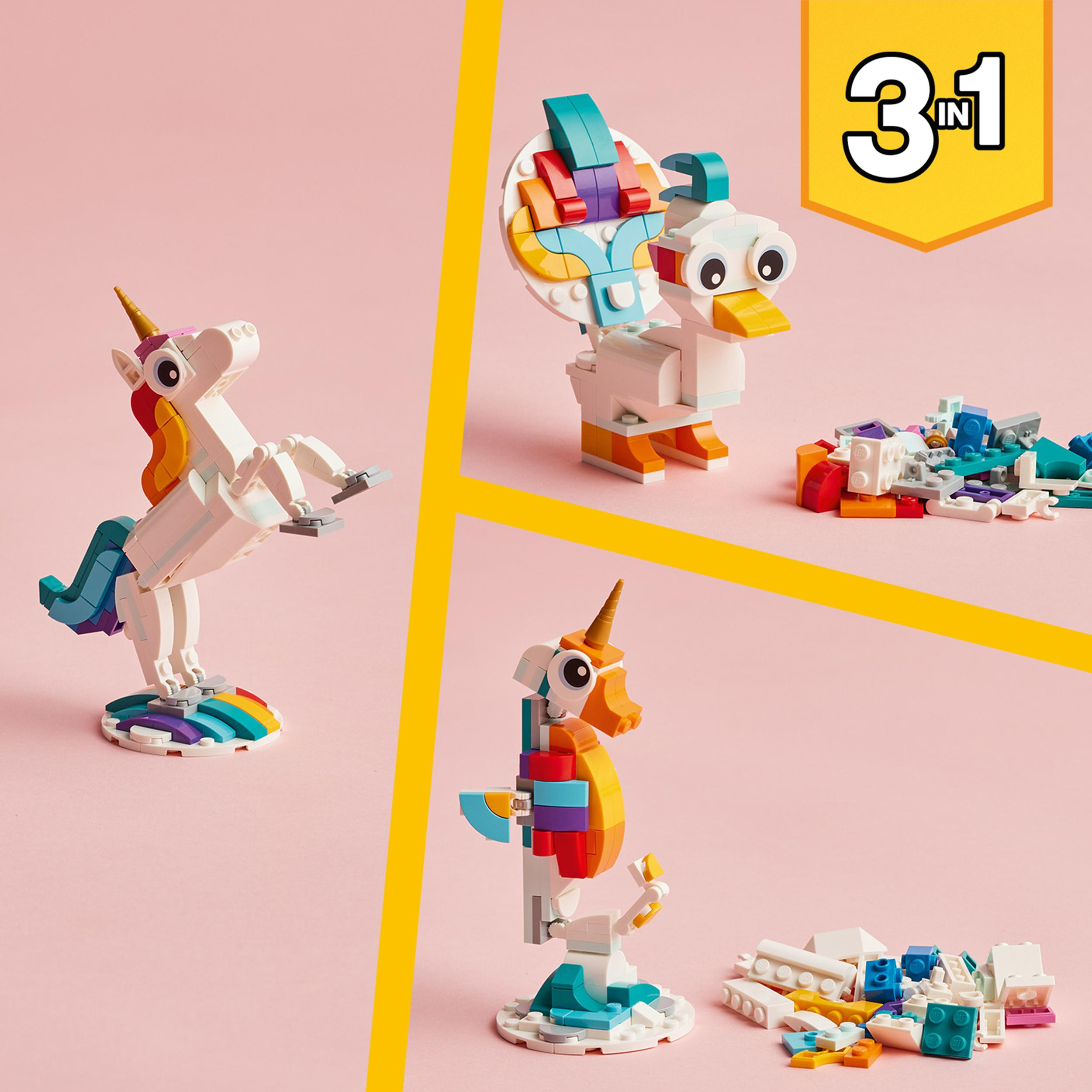 LEGO-Set mit Einhorn-, Enten- und Seepferdchenmodellen auf rosa Hintergrund.
