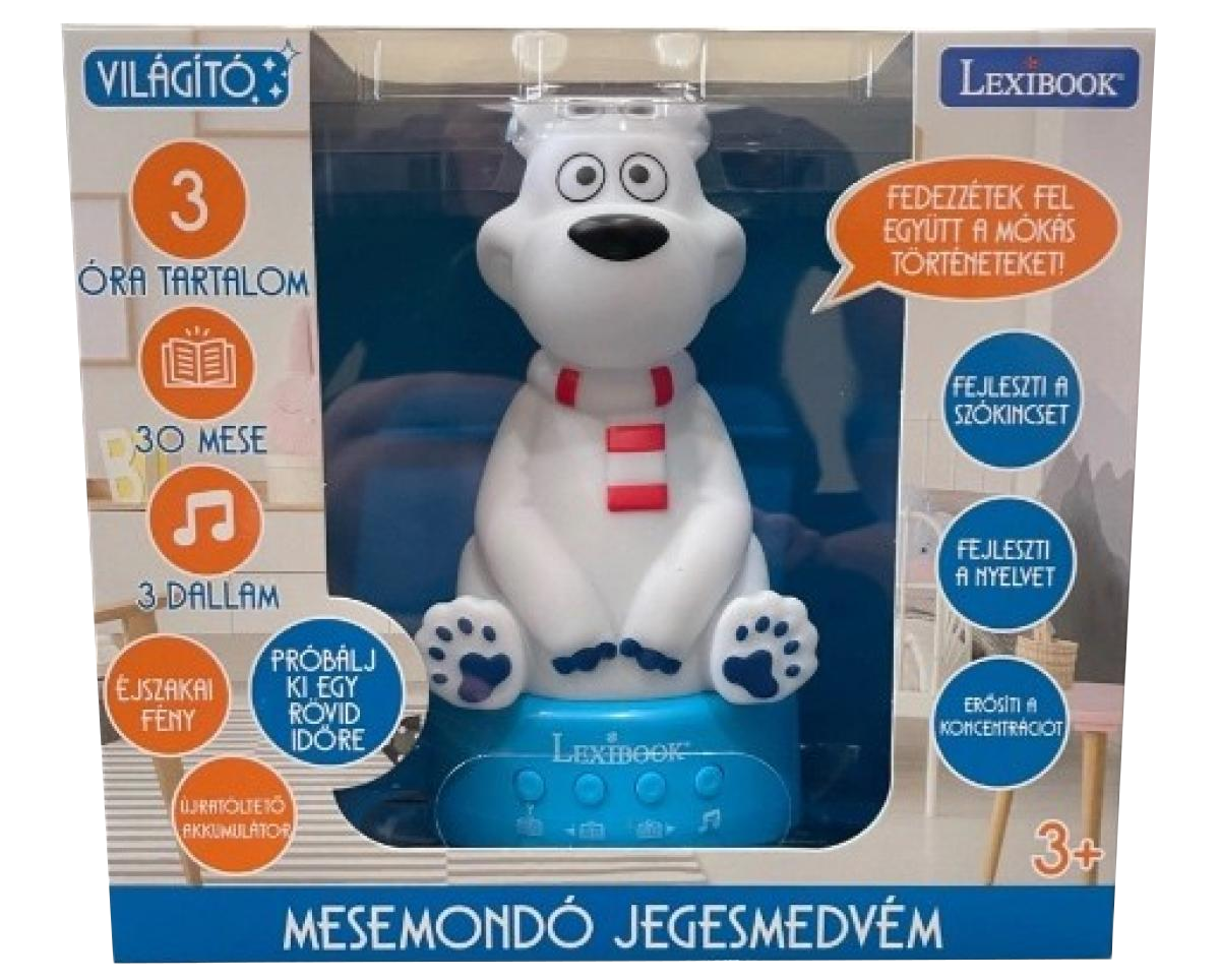 Fehér jegesmedve játék egy dobozban, magyar szöveggel. A medvén piros sál van.