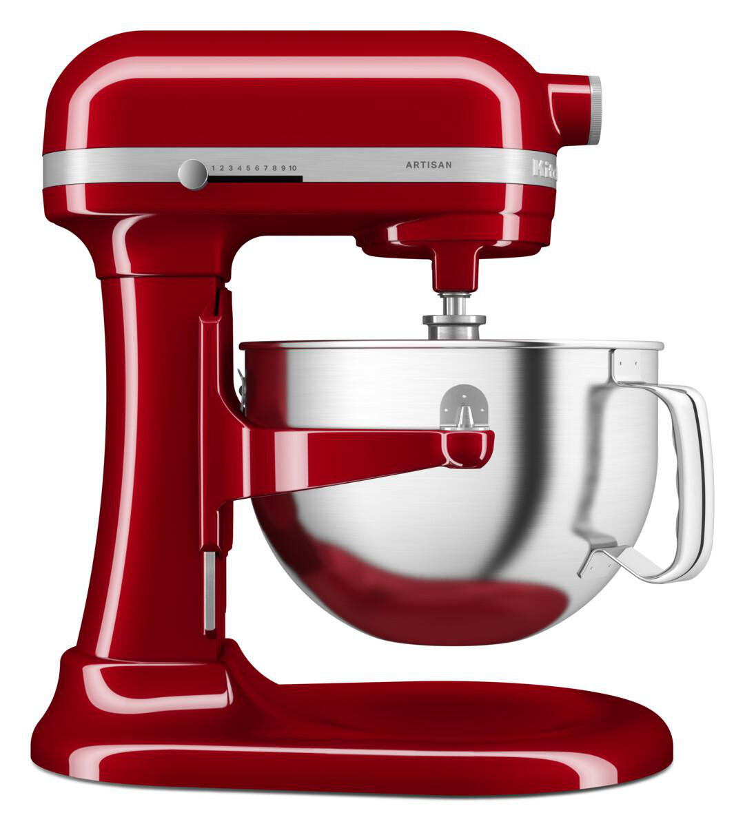 Roter KitchenAid-Küchenmixer, Seitenansicht, Edelstahlschüssel. Weißer Hintergrund.