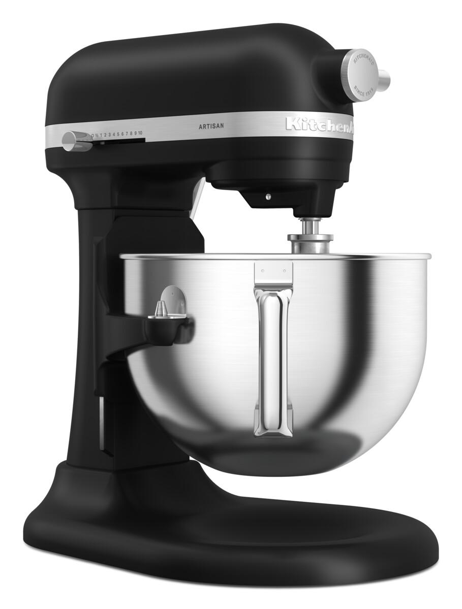 Schwarze KitchenAid Artisan Küchenmaschine, Edelstahlschüssel.