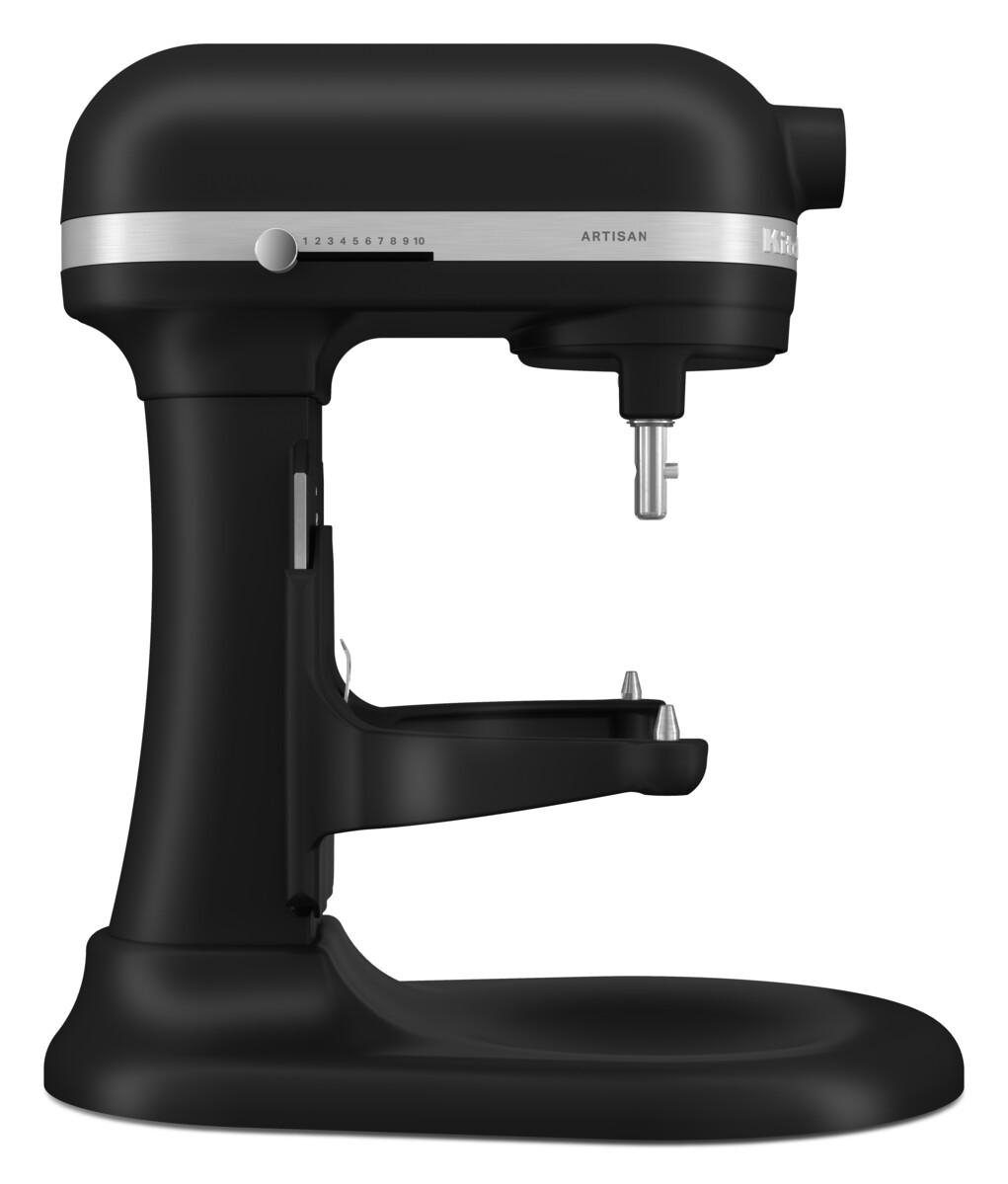 Schwarzer KitchenAid Artisan Küchenmixer, mit sichtbarem Ansatzpunkt für die Rührschüssel.
