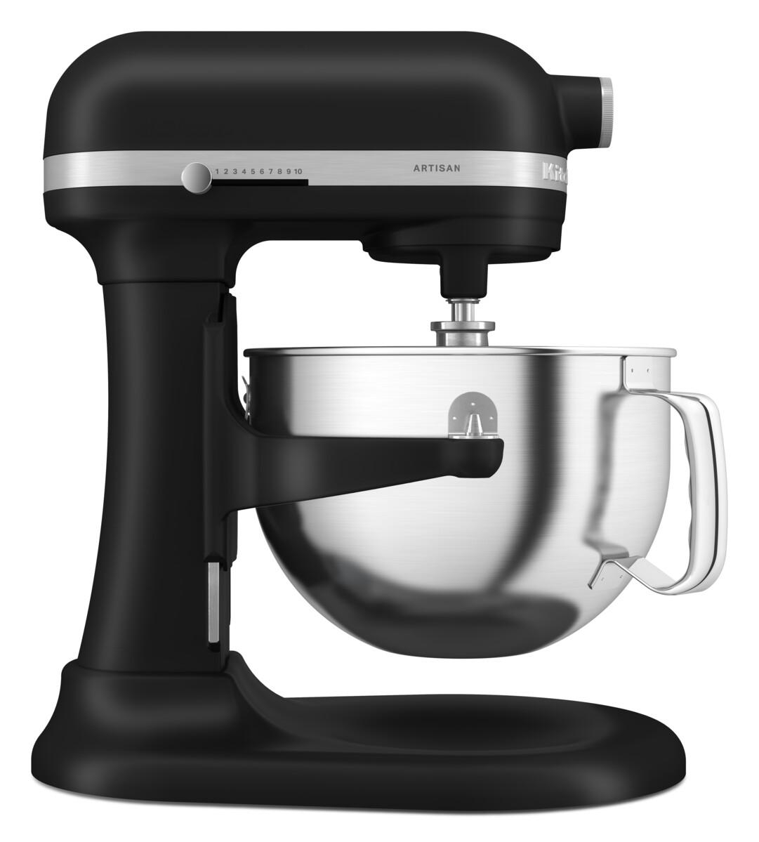 Schwarzer Standmixer mit einer Edelstahlschüssel, isoliert auf Weiß.