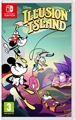 Nintendo Switch gamebox, Disney Illusion Island, met Mickey, Minnie, Donald en Goofy.