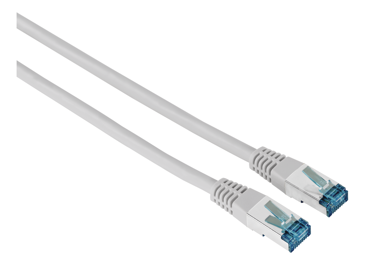 Un câble Ethernet blanc avec des extrémités bleues.