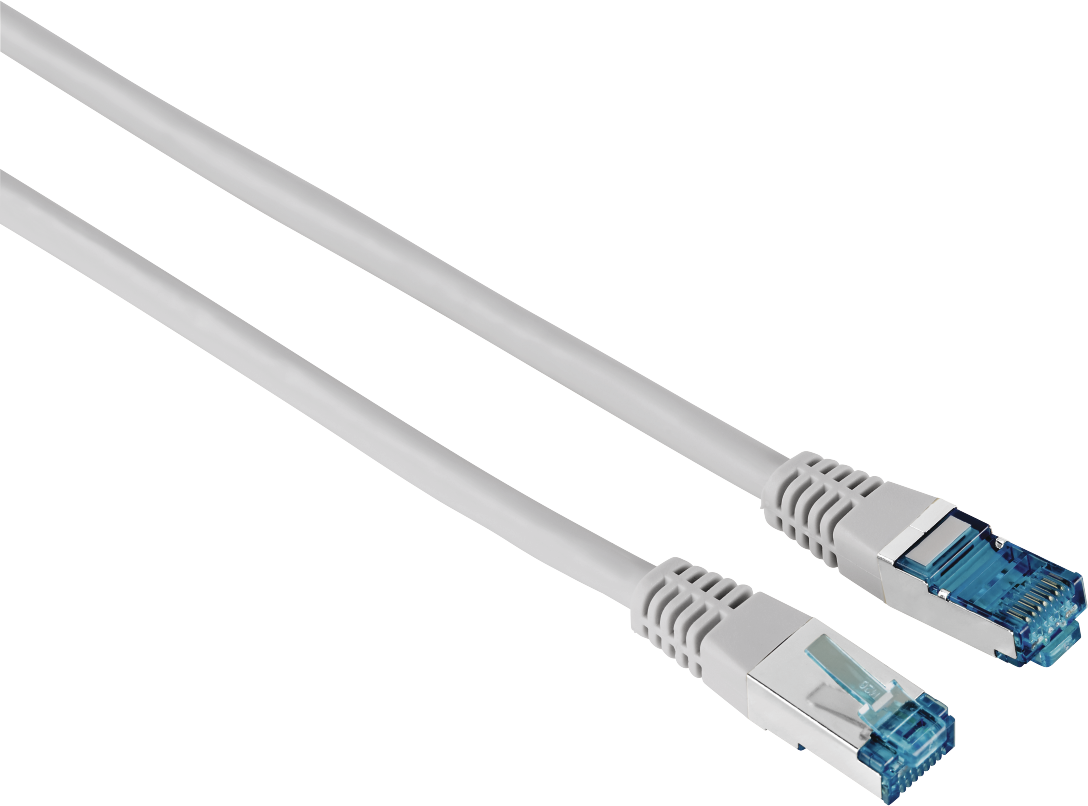 Deux câbles Ethernet gris avec des connecteurs bleus sont placés sur une surface blanche. Les connecteurs sont visibles.