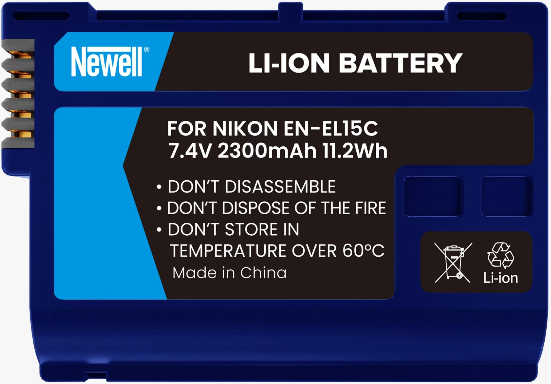 Blaue und schwarze Newell Li-Ionen-Batterie. Textetiketten warnen vor Demontage, Feuer und Hitze.