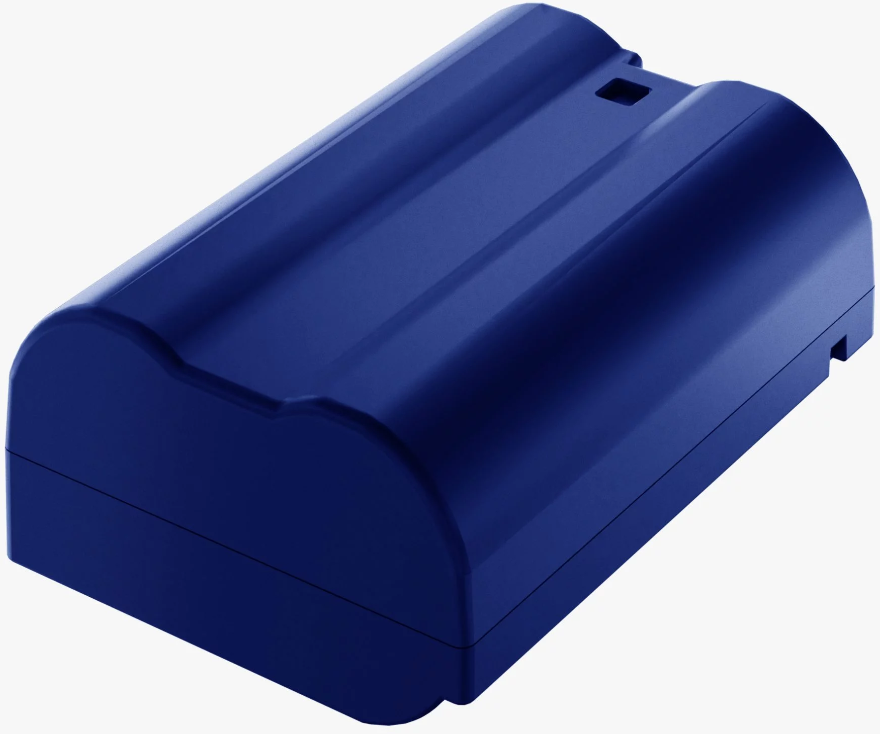 Ein blauer Akku für eine Kamera. Er ist rechteckig mit abgerundeten Kanten.