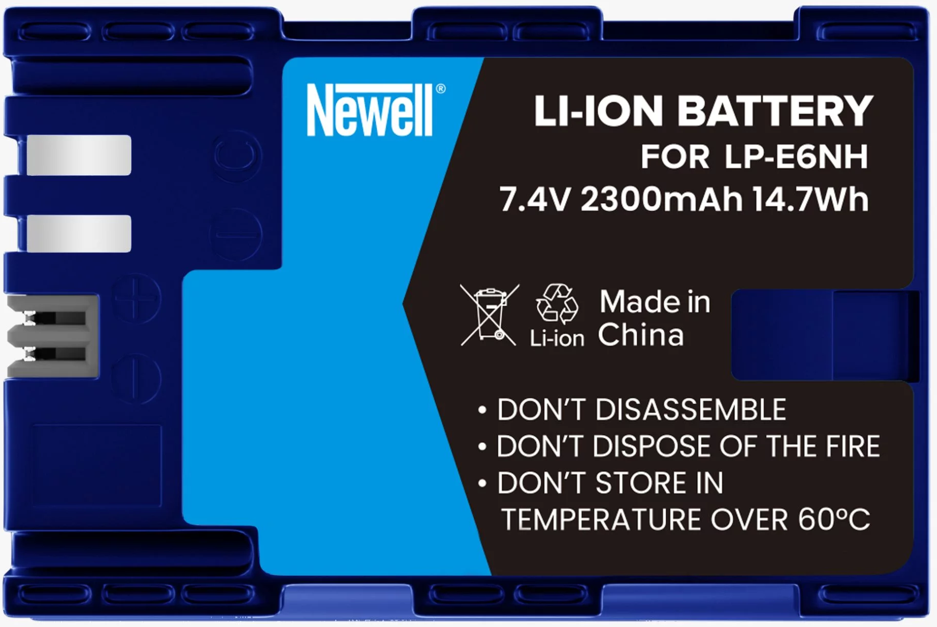 Blaue Newell Li-Ionen-Batterie mit Text. 7,4 V, 2300 mAh und Warnhinweisen auf dem Etikett.