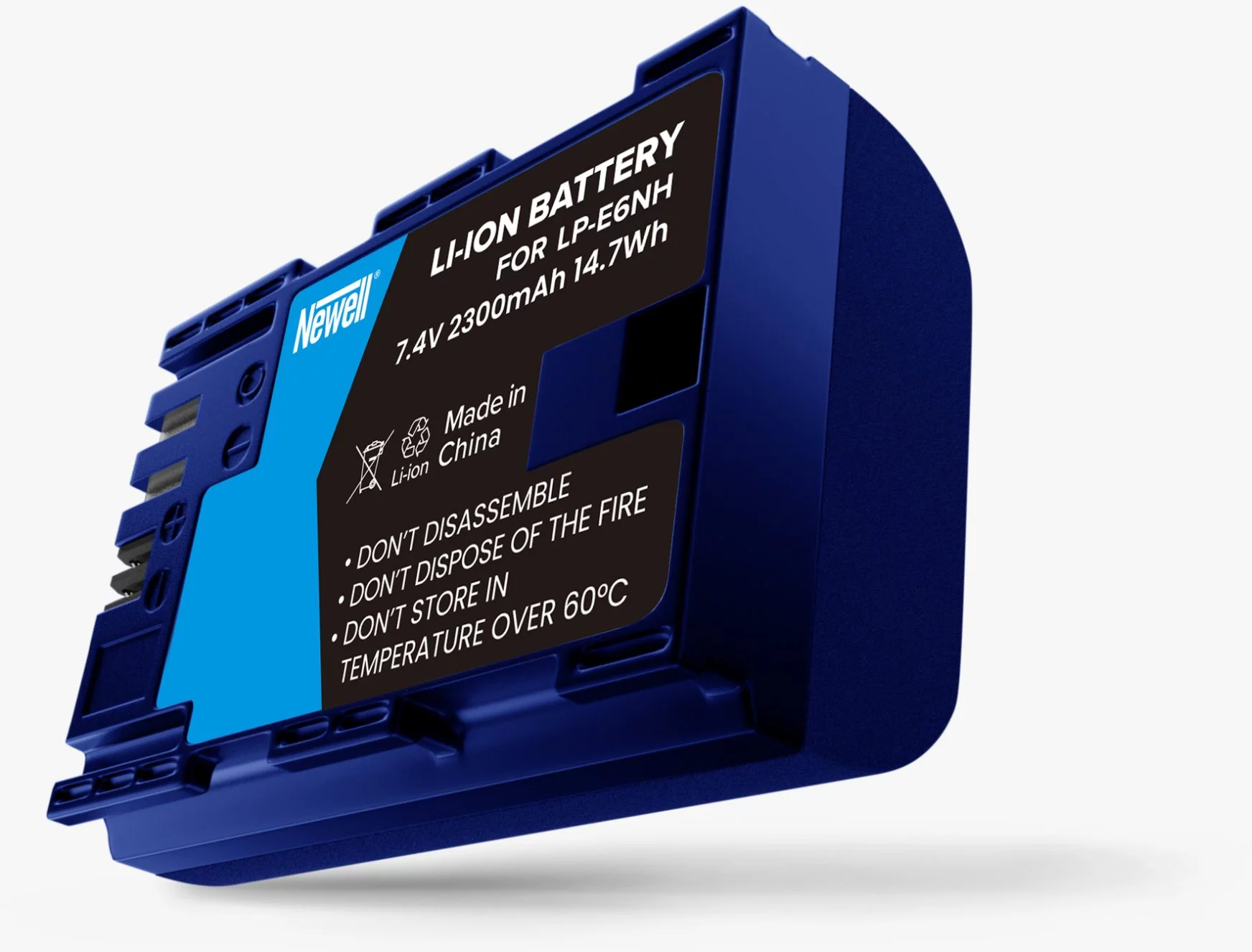 Blaue Newell Li-Ionen-Batterie. Text: 7,4V 2300mAh 14,7Wh. Weißer Hintergrund.