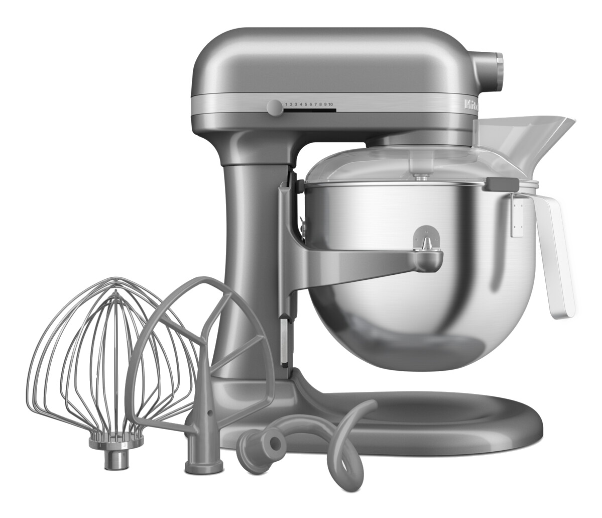 Silberner KitchenAid Küchenmixer mit Aufsätzen, von der Seite betrachtet.
