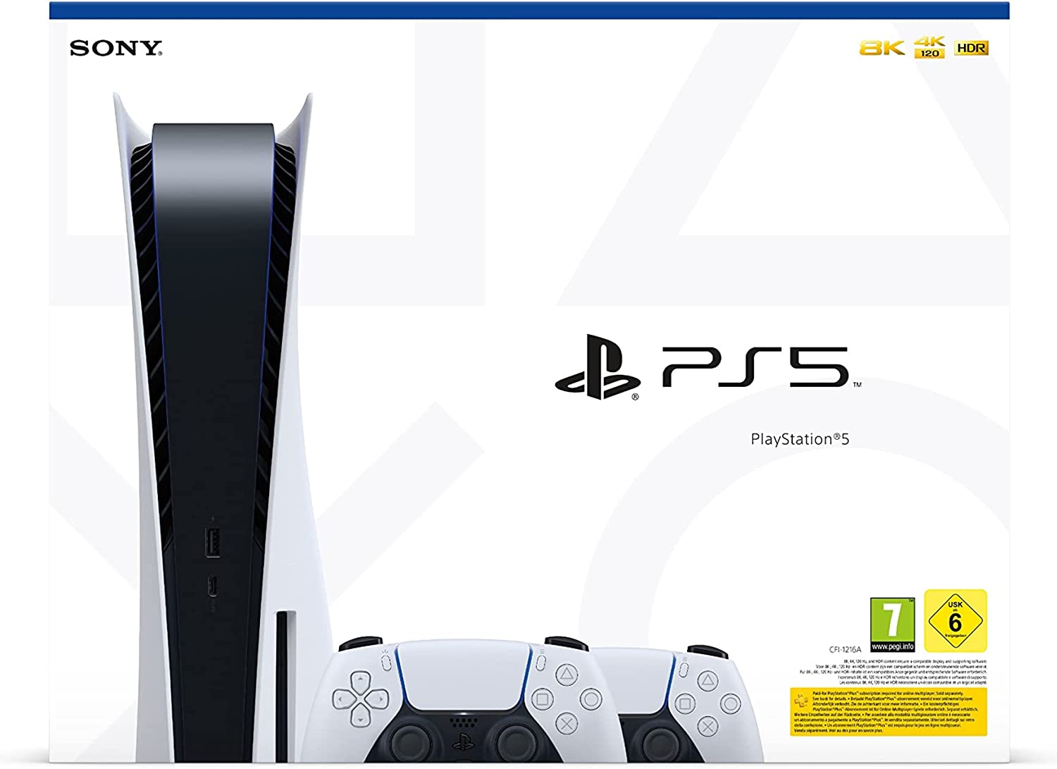 Caja de PlayStation 5 con consola y dos mandos.