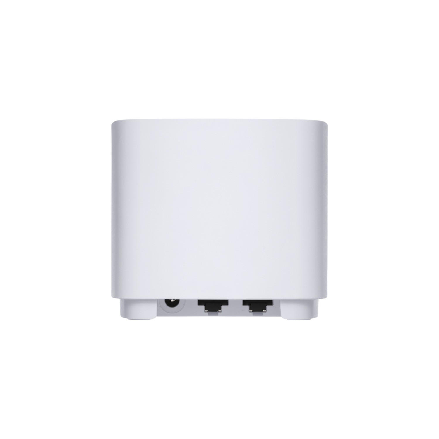 White device with ports on the back. Ports include power, and Ethernet connections, on a black background.