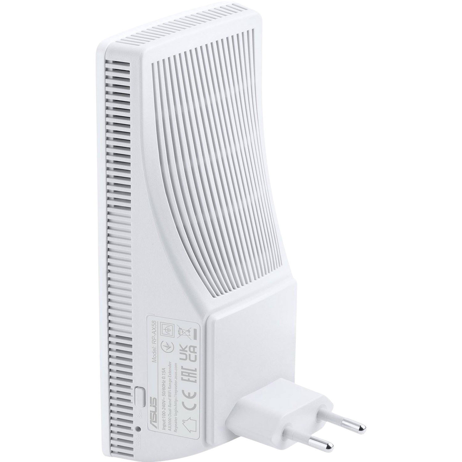 A white ASUS RPL-AX58 router/repeater with a plug. It has a ridged design on the front.
