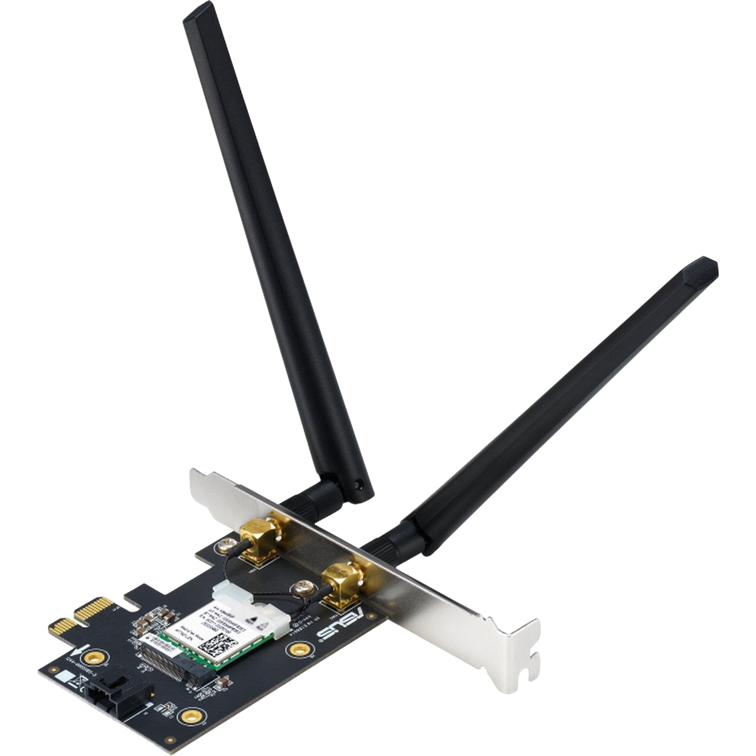 Black Wi-Fi card with two black antennas on a black background.