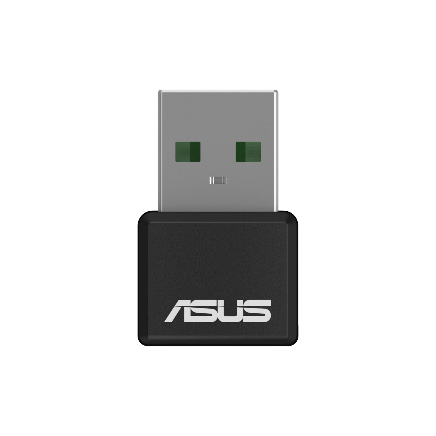 Black ASUS USB adapter with ASUS logo, on a black background, with green lights.