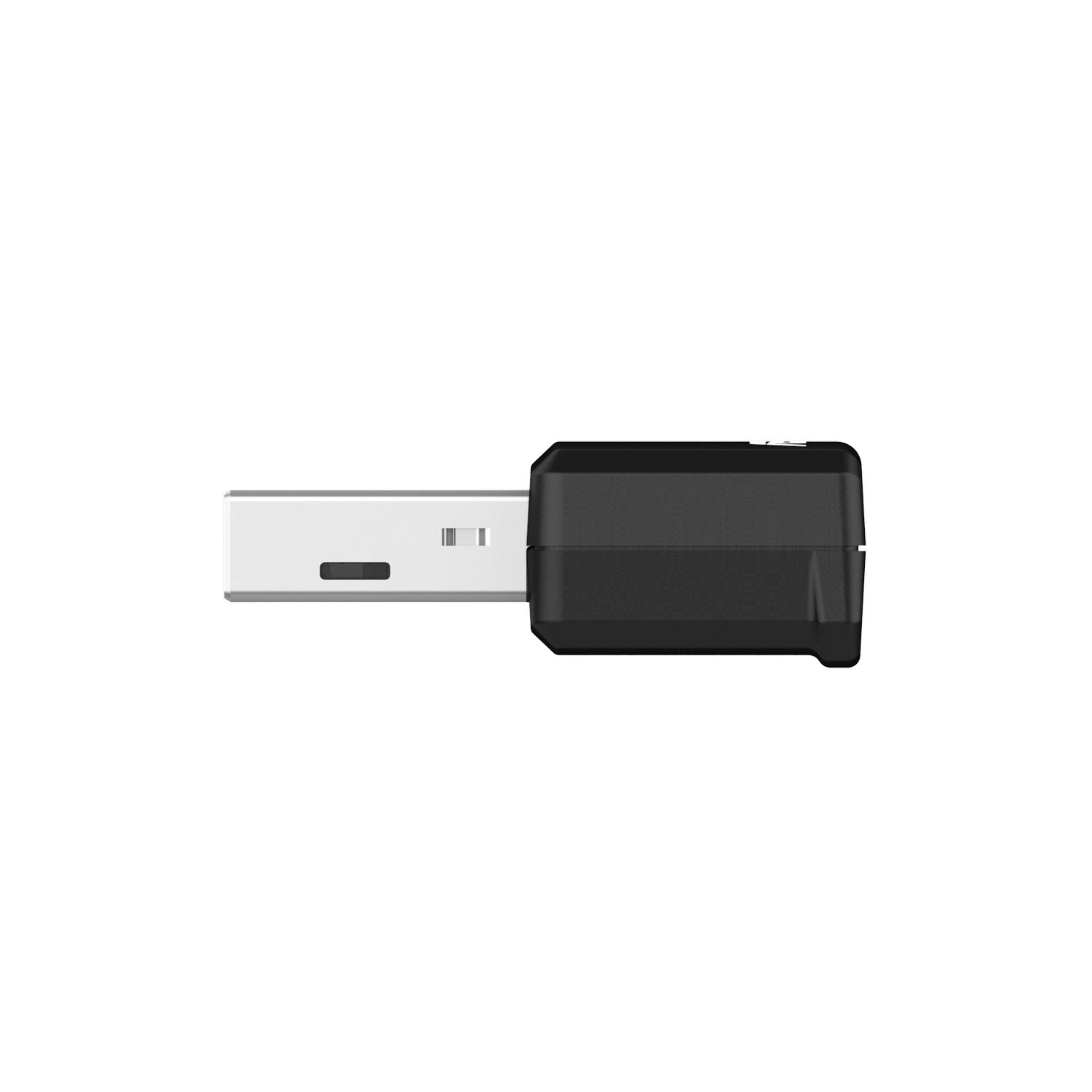 USB dongle with a black body and silver USB connector. Black plastic.