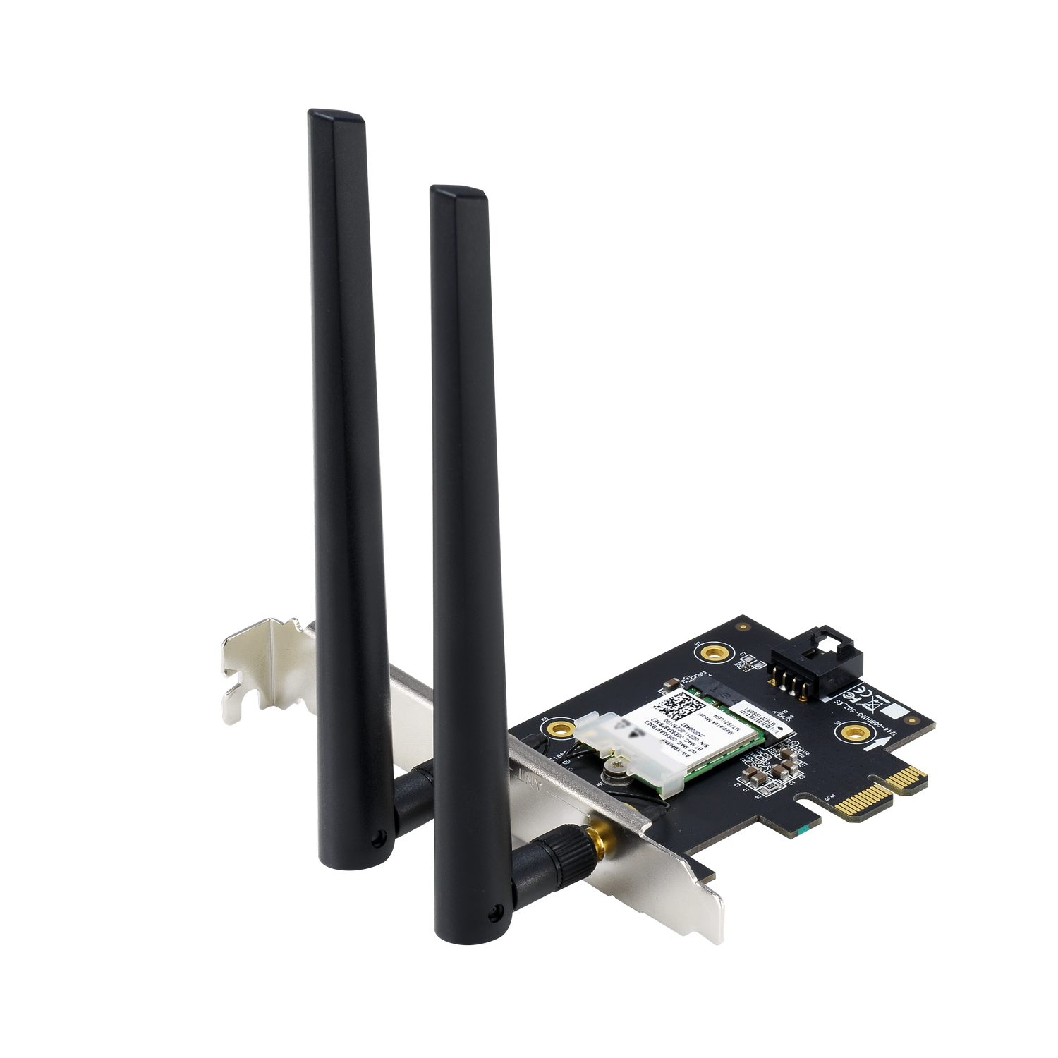 A black and silver computer network card with two vertical black antennas. The card is on a gray background.
