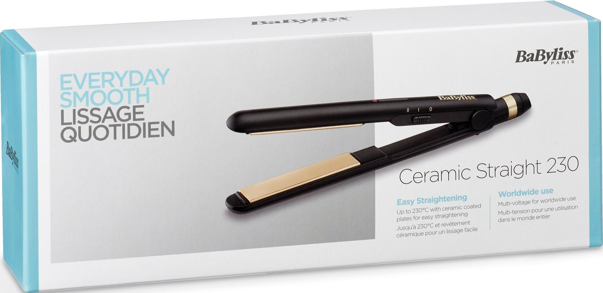 Scatola per piastra per capelli Babyliss, piastra nera e oro all'interno.