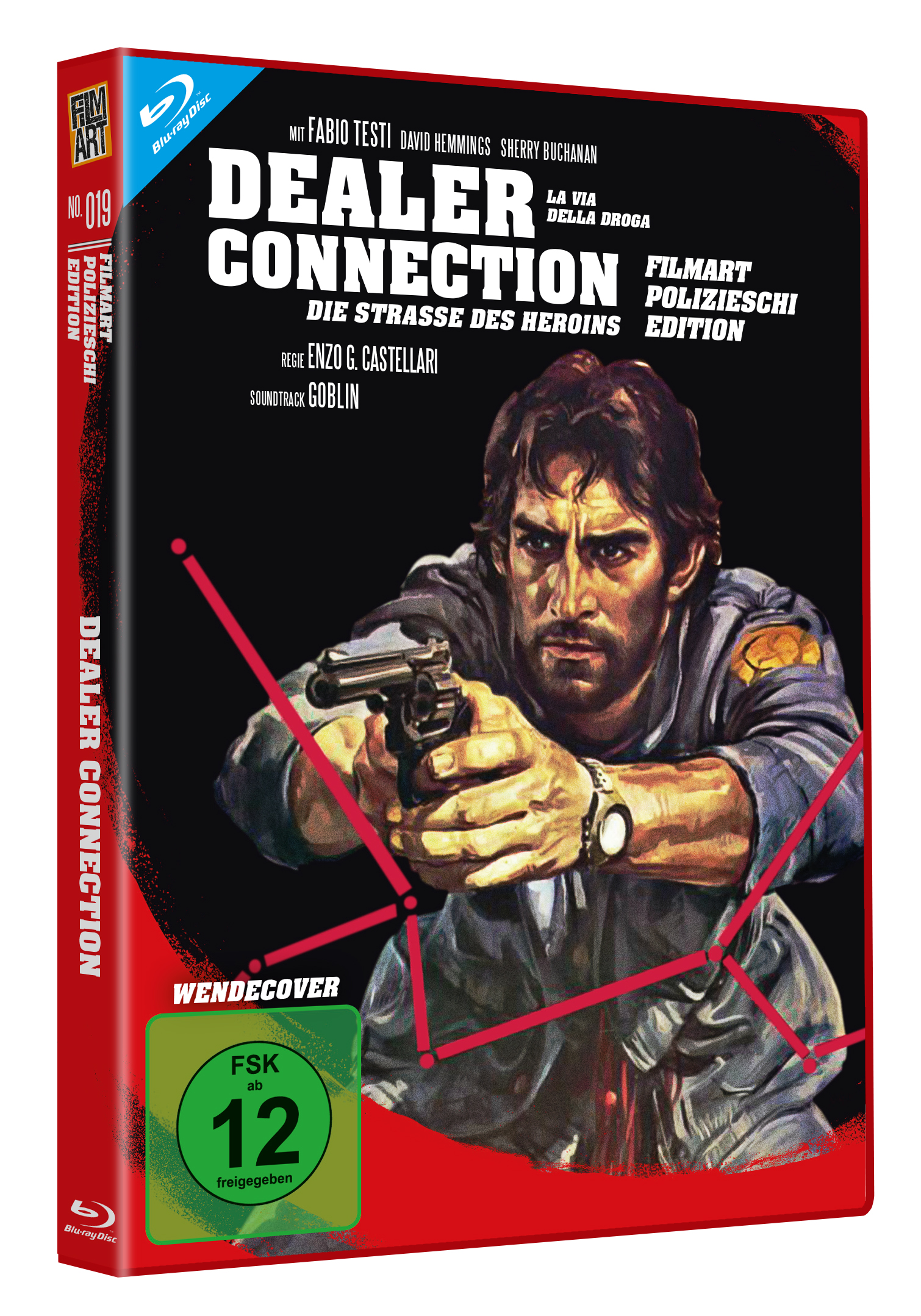 Dealer Connection Blu-ray-Cover. Mann hält eine Pistole, dunkler Hintergrund, rote Akzente, Filmtitel.