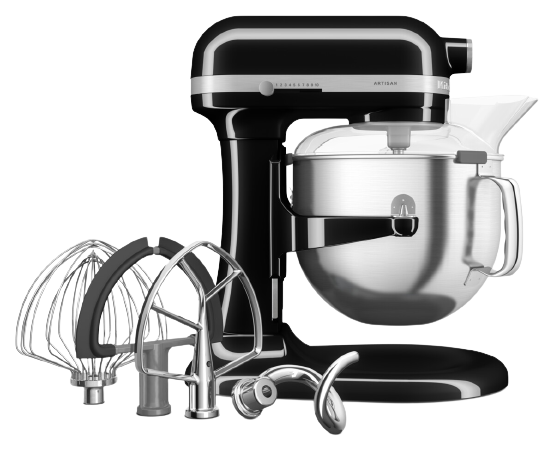 Schwarze KitchenAid Küchenmaschine mit Aufsätzen: Schneebesen, Rührbesen, Knethaken, Schüssel.