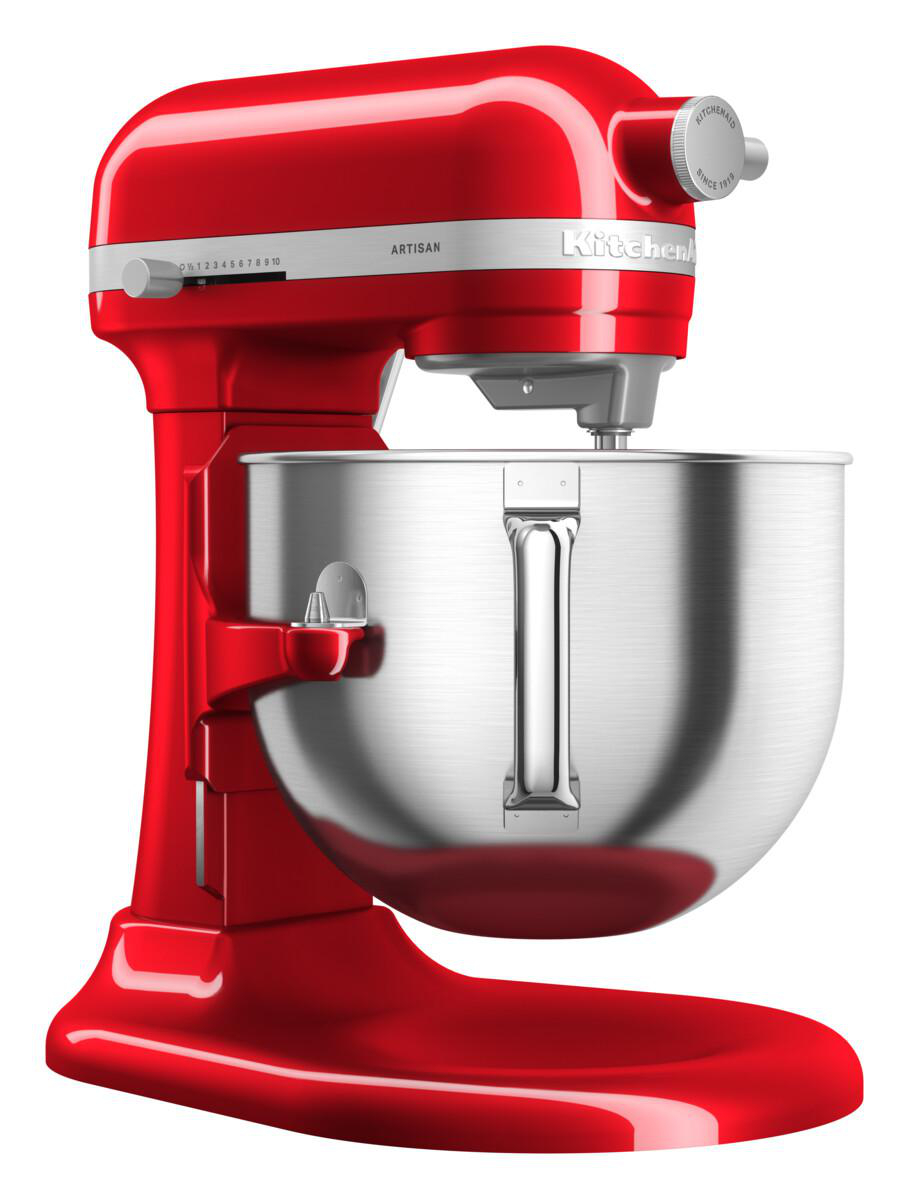 Roter KitchenAid Mixer. Silberne Schüssel befestigt. Mit Geschwindigkeitseinstellungen und Logo.