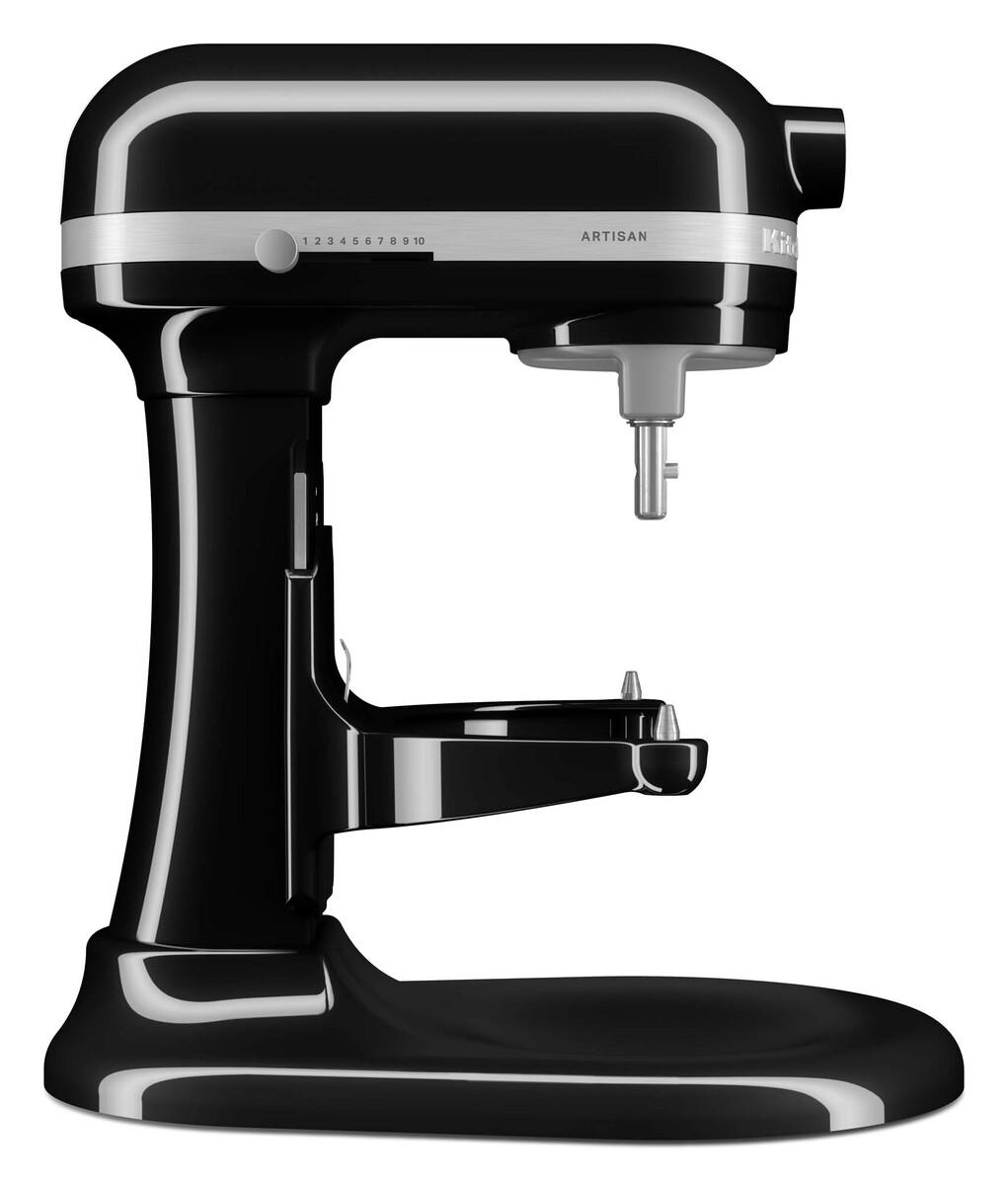 Ein schwarzer KitchenAid Küchenmixer mit silbernen Akzenten auf weißem Hintergrund.