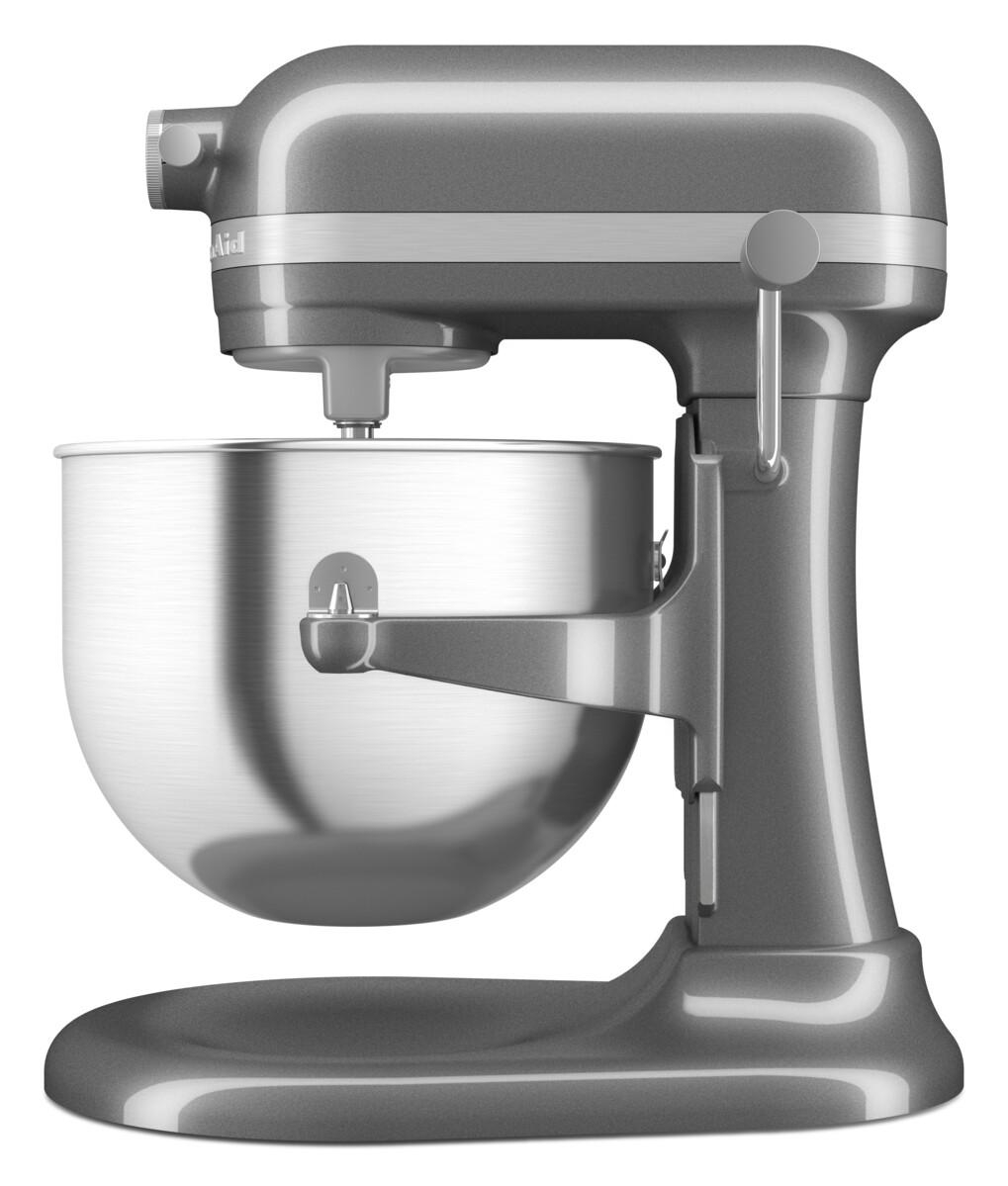 Grauer Küchenmixer mit Edelstahlschüssel und vertikalem Arm.