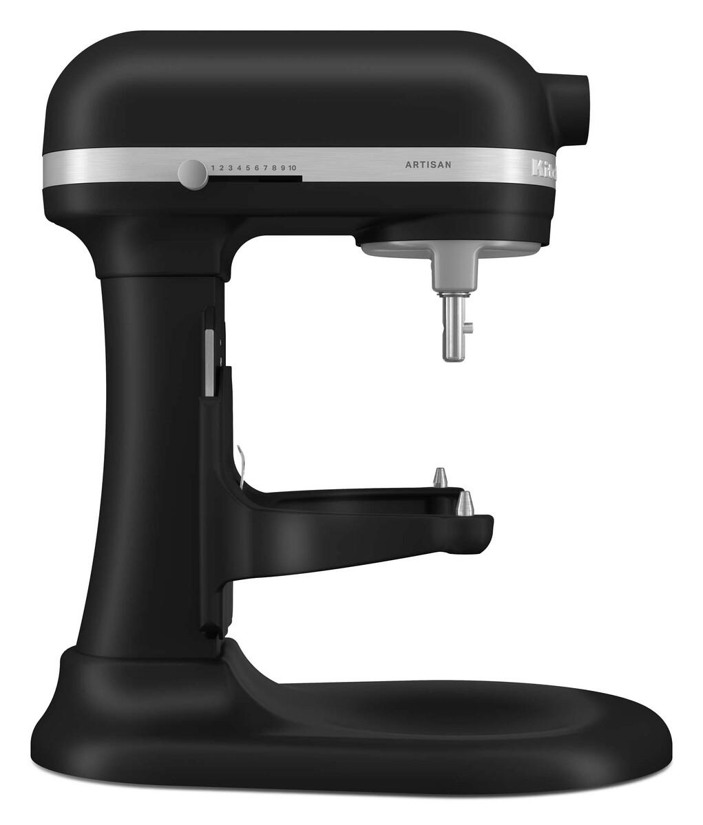 Schwarzer KitchenAid Küchenmixer, Seitenansicht. Der Mixer ist in Betrieb.