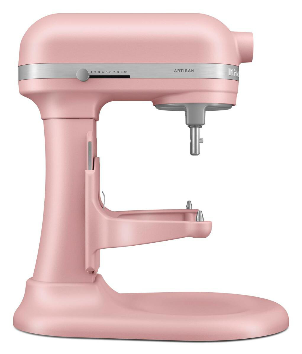 Ein rosa KitchenAid Artisan Küchenmixer mit silberner Geschwindigkeitsregelung und Anschlussstelle.