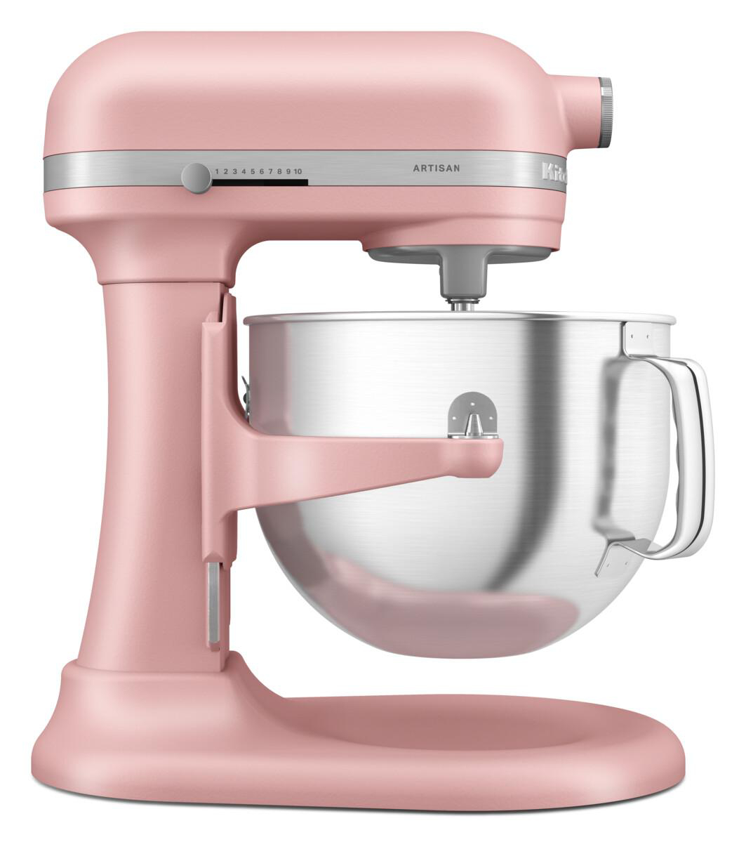 Rosa Küchenmixer mit Edelstahlschüssel. Isoliert auf weißem Hintergrund. Artisan-Label.
