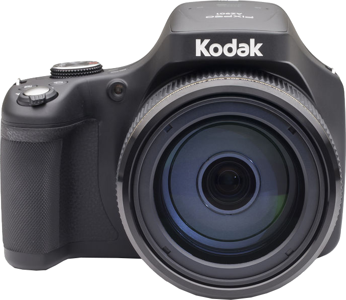 Egy fekete Kodak Pixpro fényképezőgép. A lencse középen van, felette a Kodak felirattal.