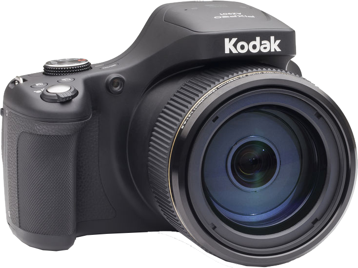 Fekete Kodak digitális fényképezőgép objektívvel. Kodak logóval. Fehér háttér előtt izolálva.
