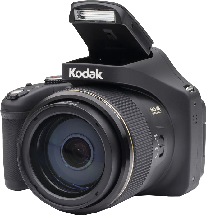 Fekete Kodak kamera felugró vakuval, nagy objektívvel és fehér Kodak logóval.