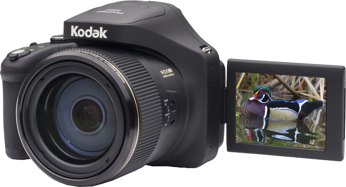 Kodak fényképezőgép egy kacsát mutató képernyővel. A kamera fekete és nagy objektívvel rendelkezik.