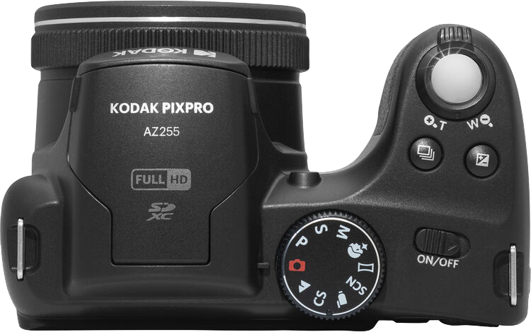 Fekete Kodak Pixpro kamera felülnézete gombokkal és üzemmód tárcsával.
