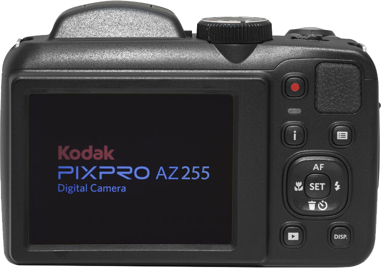 Egy fekete Kodak Pixpro AZ255 digitális fényképezőgép hátulnézete. Van rajta egy képernyő és gombok.