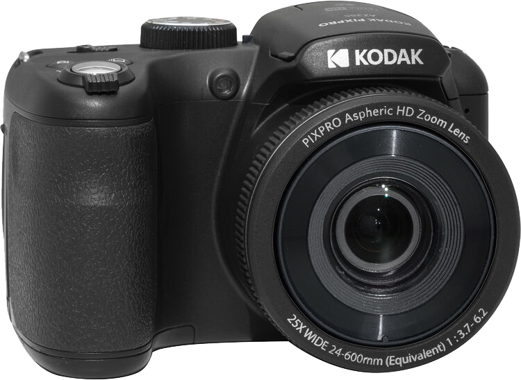 Egy fekete Kodak PIXPRO kamera zoom objektívvel, fehér háttérrel.