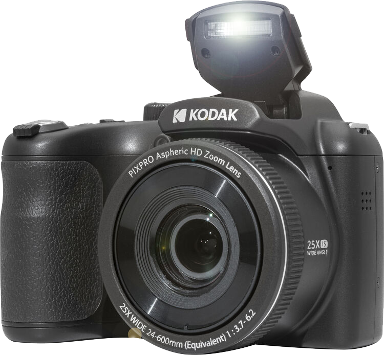 Fekete Kodak kamera villanóval, szöges objektívvel, fehér alapon izolálva.